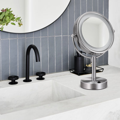 8.5" Double Sided Lighted Free-Standing Mirror - Brushed Nickel, Premium Brass Construction