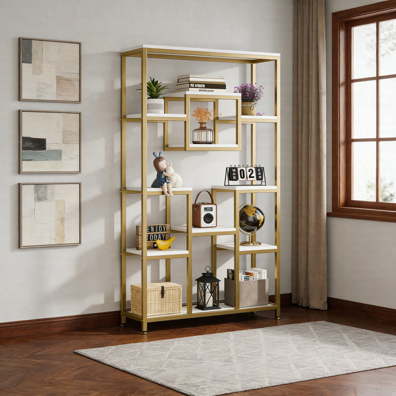 71" Modern 11-Tier Bookshelf, Geometric Freestanding Display Bookcase Shelf
