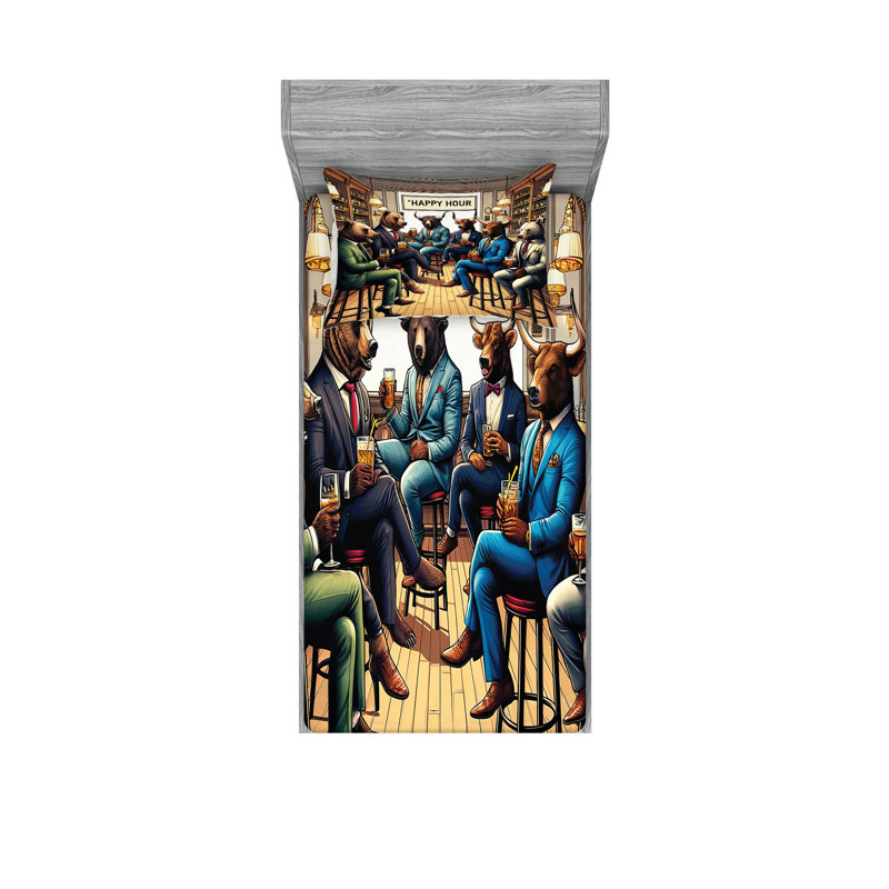 Drap-housse et taie décorative Ambesonne Happy Hour Bulls and Bears sable brun multicolore, Simple