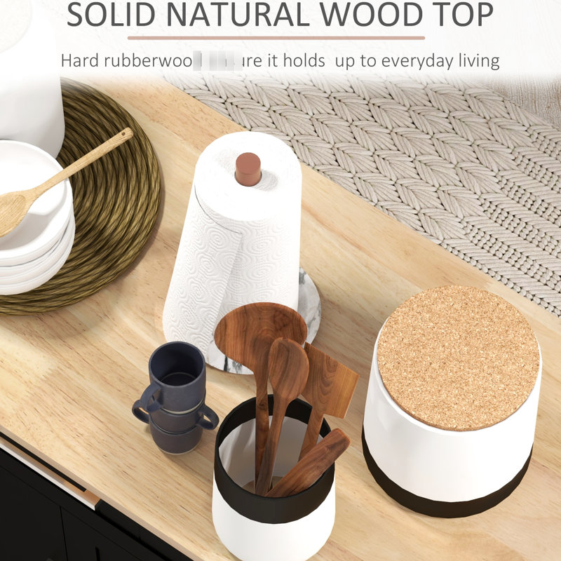 Îlot de cuisine mobile avec surface en bois d'hévéa, tiroir, étagère à épices, porte-serviettes et tablettes de rangement réglables, roulettes noires