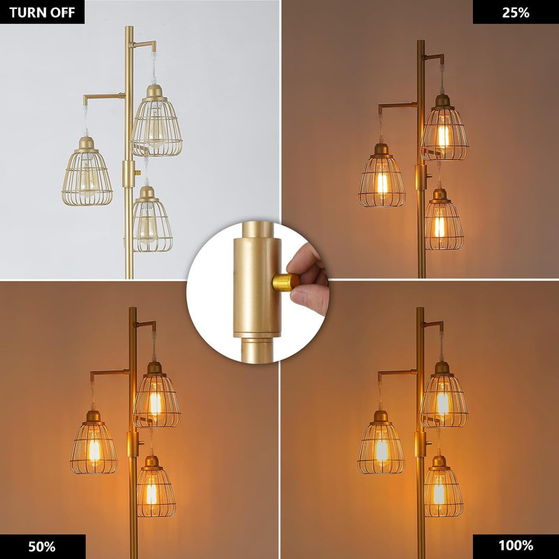 68" Industrial Farmhouse Floor Lamp With 3 Teardrop Cages & 3 Dimmable Led Edison Bulbs, Tall Standing Lamp For Living Room, Bedroom, Office