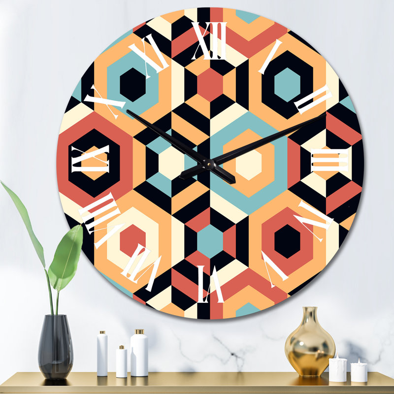 Horloge murale rétro à motif géométrique rétro bleu et orange, Grand