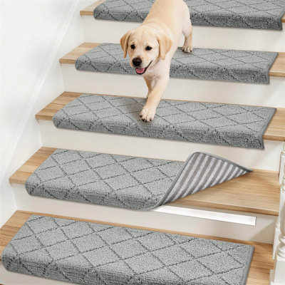 Tapis d'escalier Bullnose, tapis anti-dérapant pour marches en bois, tapis d'escalier à bordure douce lavable, tapis d'escalier réutilisable pour animaux de compagnie 11 po x 30 po (14 pièces, gris)