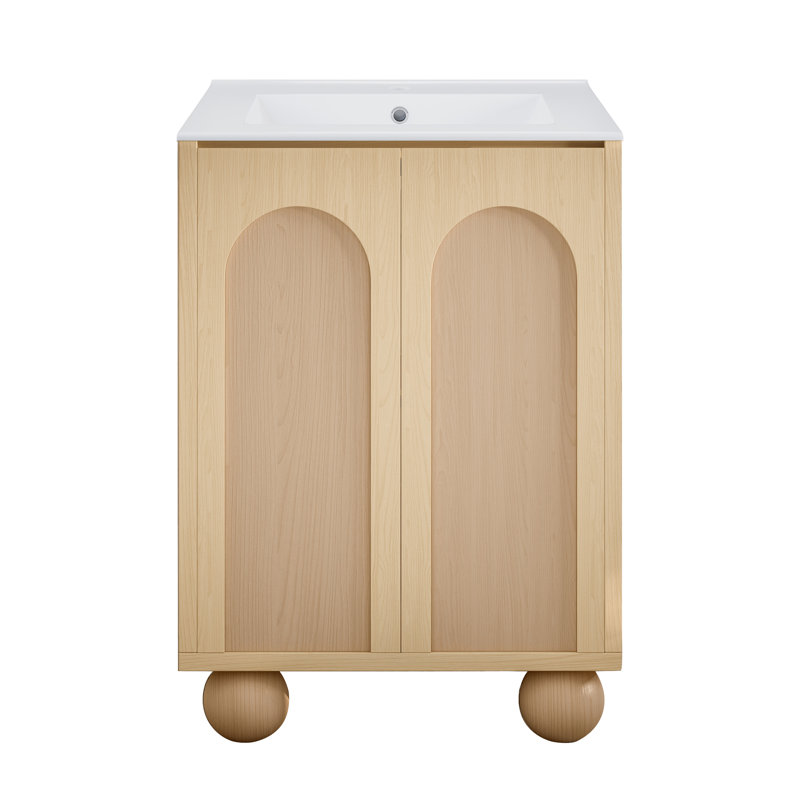 Plaisir II 24" Natural Oak Freestanding Bathroom Vanity with White Ceramic Sink Top