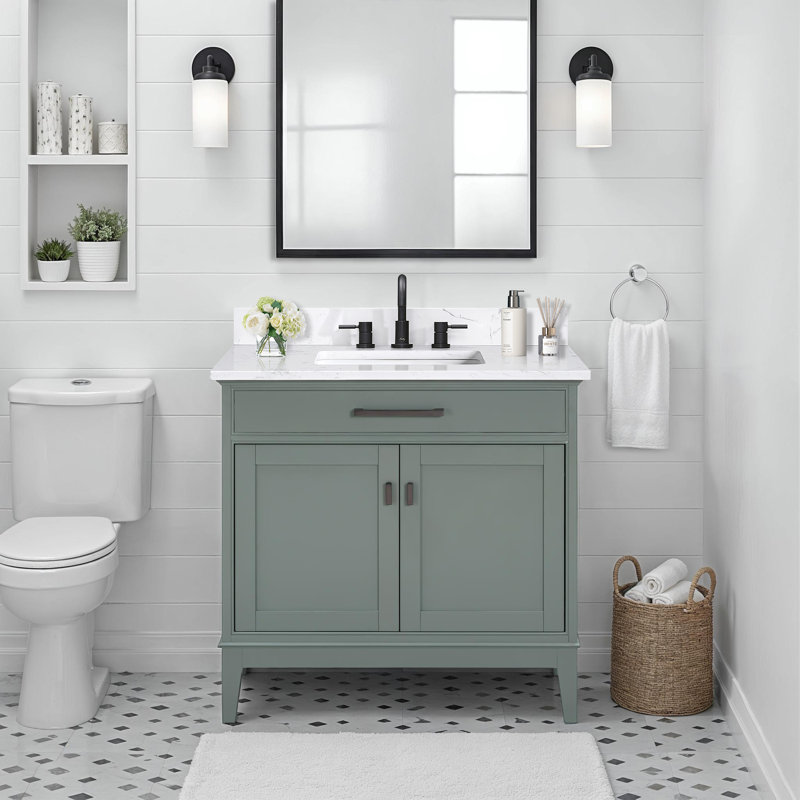 Meuble-lavabo simple 36 po avec plateau Anglet, Blanc cala, Vert fumée