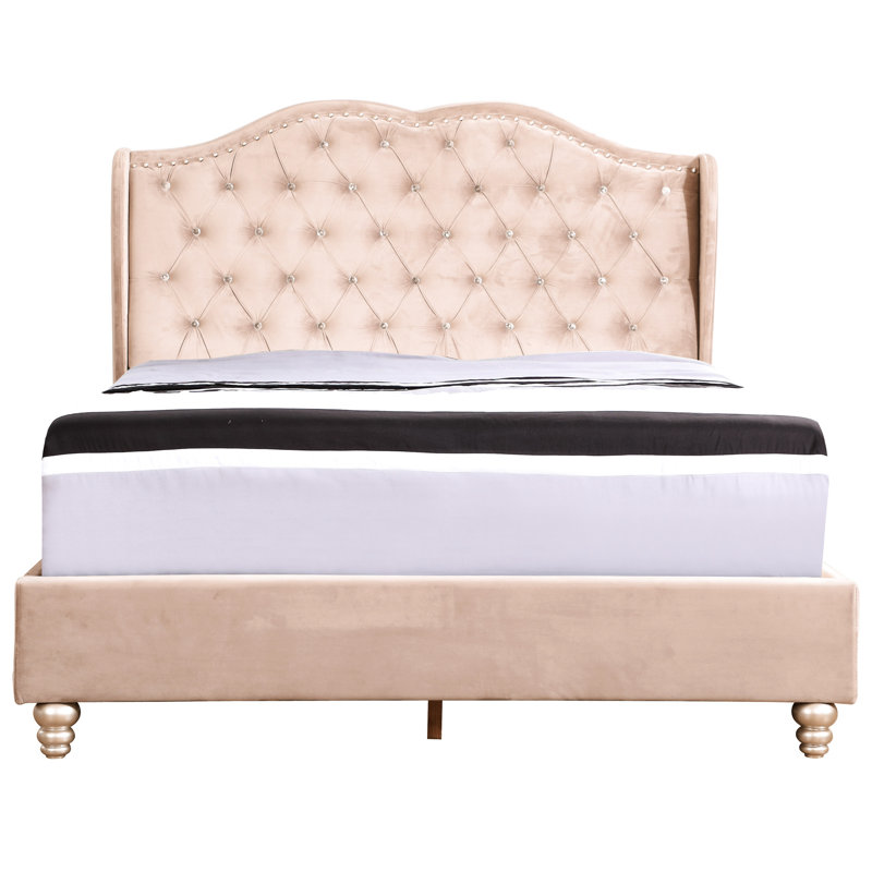Grand lit tapissier beige en velours - transitionnel, durable, élégant, beige, velours