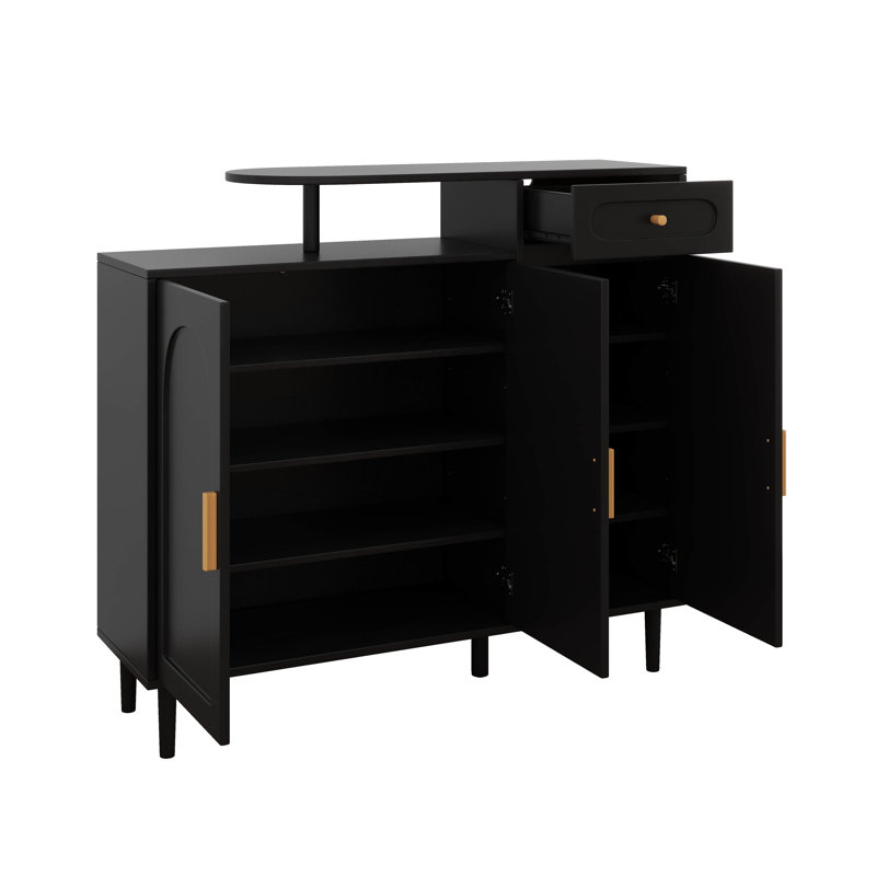 Shoe Cabinet With Arched Doors And Drawer, Storage Sideboard With Adjustable Shelves And Solid Wood Legs For Entryway, Black