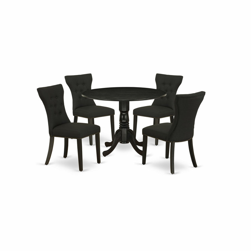 L'ensemble de table de salle à manger 5 pièces pour 4 personnes comprend une table de cuisine ronde avec Dropleaf et 4 chaises de salle à manger Parson en tissu lin, blanc lin