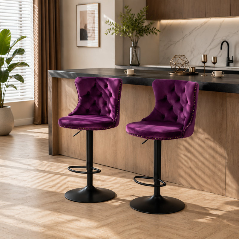 Tabourets de bar pivotants en velours mauve à hauteur réglable pour îlot de cuisine, Black, Purple