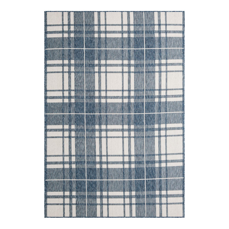 Tereon Plaid Machine Made Power Loom Polypropylene Plastic Indoor/Outdoor Area Rug in Blue/White, Rectangle 6'1" x 9'