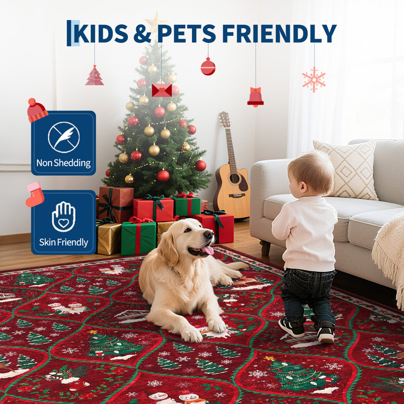 Tapis de Noël lavable des fêtes 5 x 7 avec envers antidérapant en TPR, tapis de Noël décoratif, revêtement de sol mince et doux, tapis imprimés pliables sans perte pour le salon, rouge