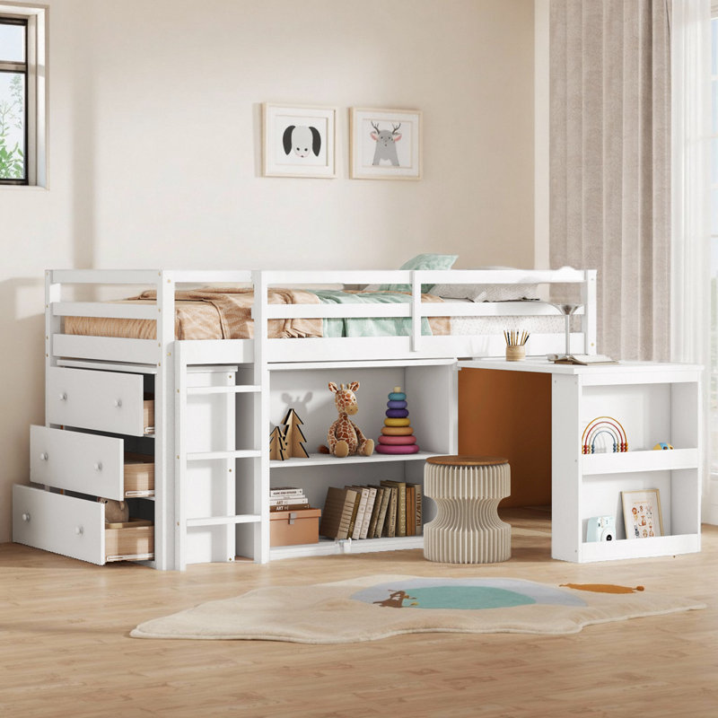 Lit mezzanine multifonctionnel pour enfants avec bureau à tirer et barrière de sécurité, Blanc