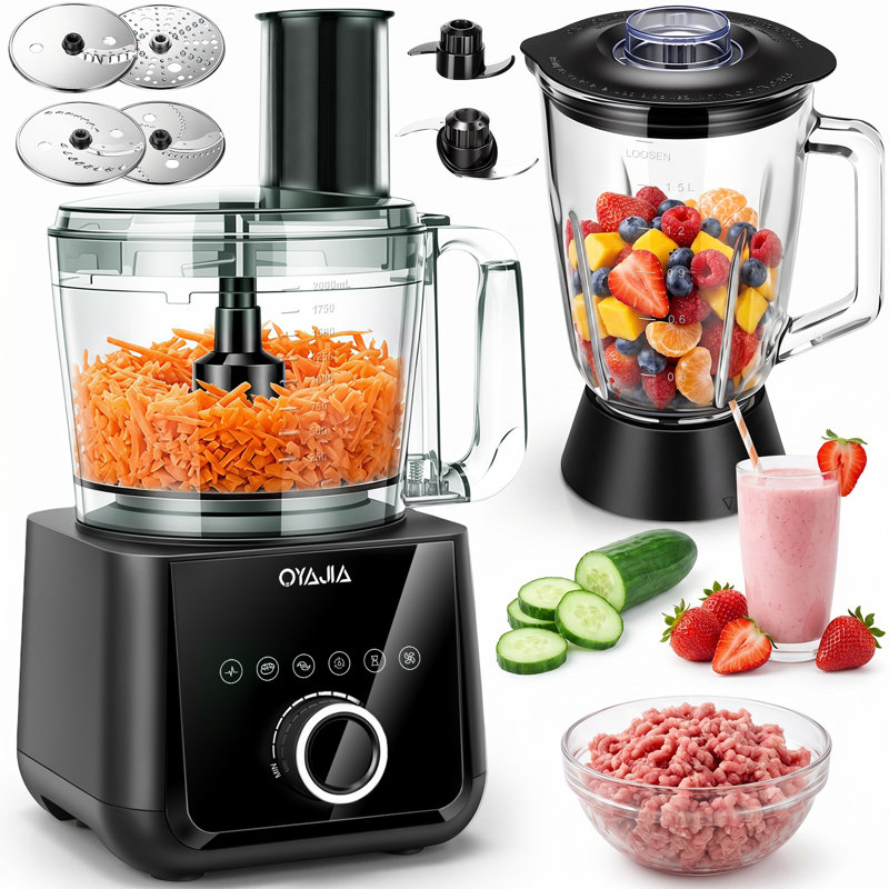 Mixer Food Processor Chopper, Stainless Steel Blender 2.5L+1.5L Timer 11 Speeds