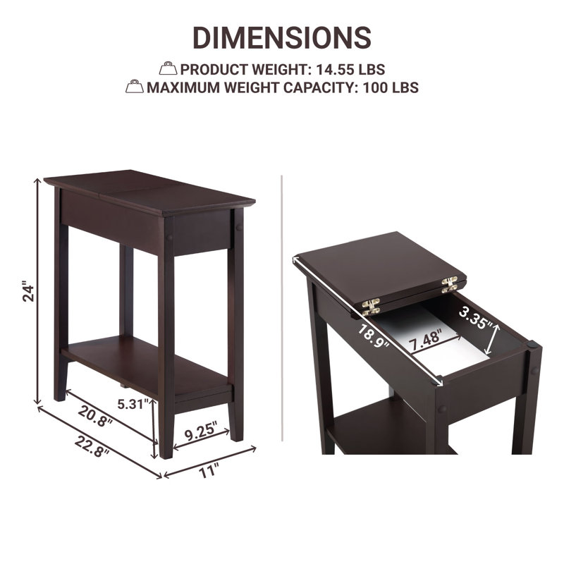 Table de bout moderne avec rangement rabattable et tablette ouverte Jonica, Brun