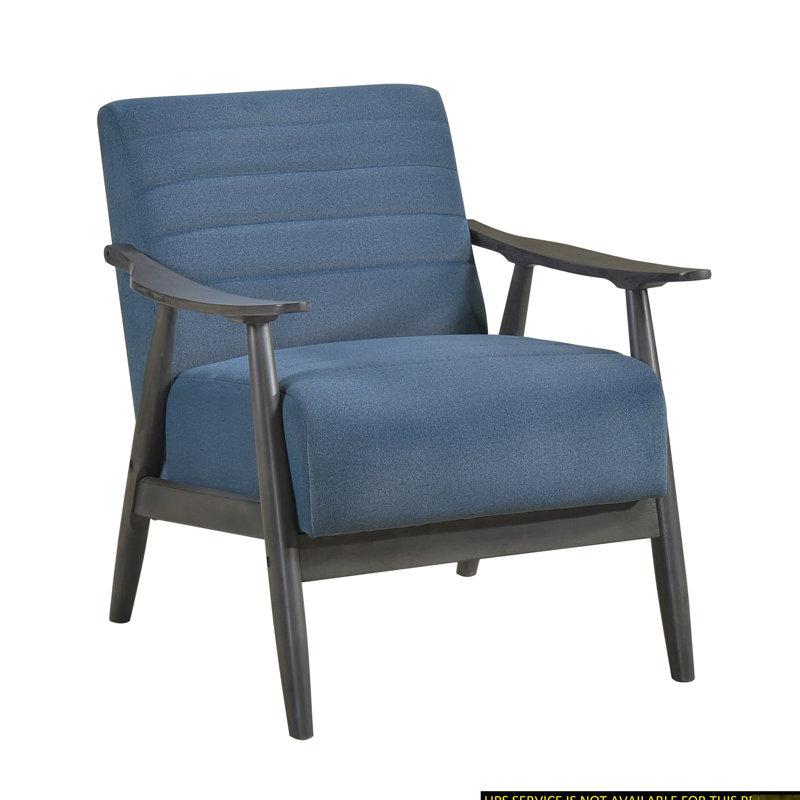 Fauteuil d'appoint rembourré bleu, structure en bois gris foncé, coussin de dossier attaché, siège décontracté du salon, assise d'une largeur de 22 po