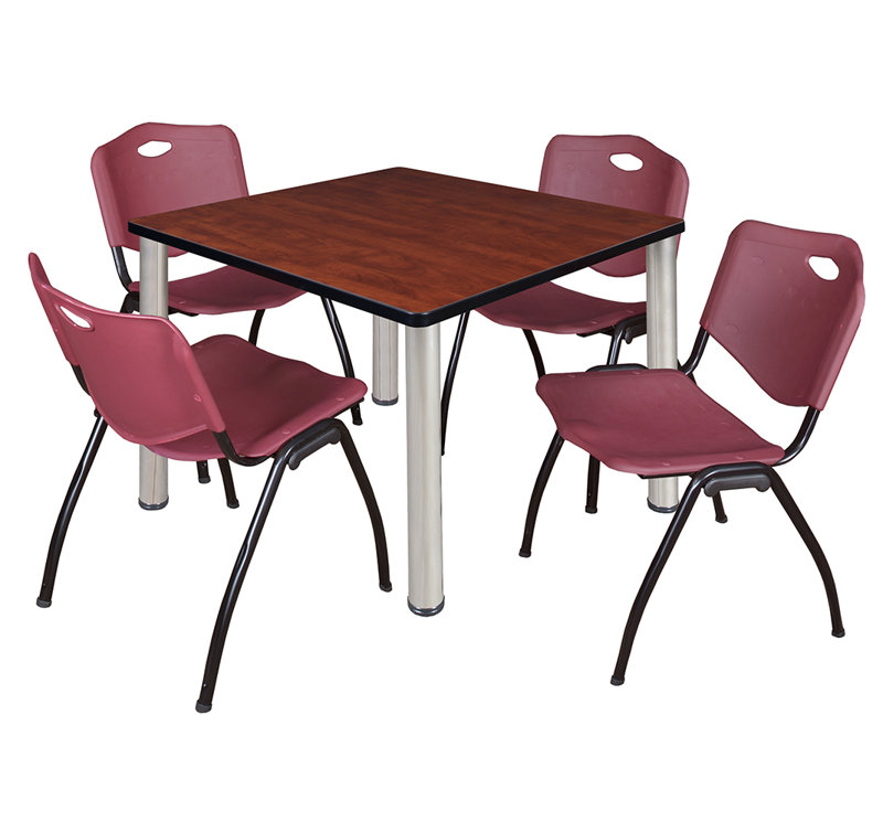 Plateau de table Kee Square, 4 chaises empilables, H 36 po x l 29 po x P 29 po, Cerisier, Chrome