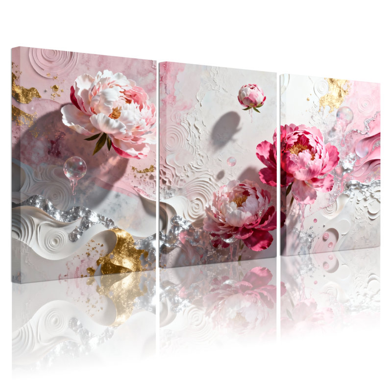 Plantes et fleurs pivoines roses avec décorations dorées, ensemble de 3 impressions sur toile, H 30 po x l 60 po