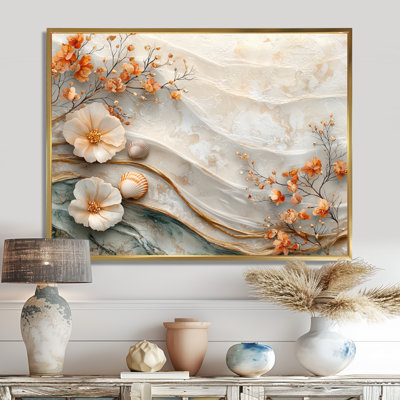 Coquillage blanc et paysage de plage marbrée I - art mural côtier pour le salon