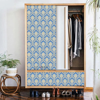 Luxury Damask Peel And Stick Wallpaper 17.7"×32.8ft Blue Removable Contact Paper Self-adhesive Damask Furniture Paper Vinyl Decorative Film