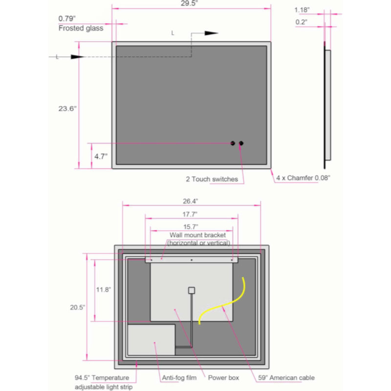 Miroir de salle de bain rectangulaire mural rétro-éclairé à DEL rétro-éclairé de 30 po x H 24 po avec prise standard américaine, température réglable et fonction mémoire