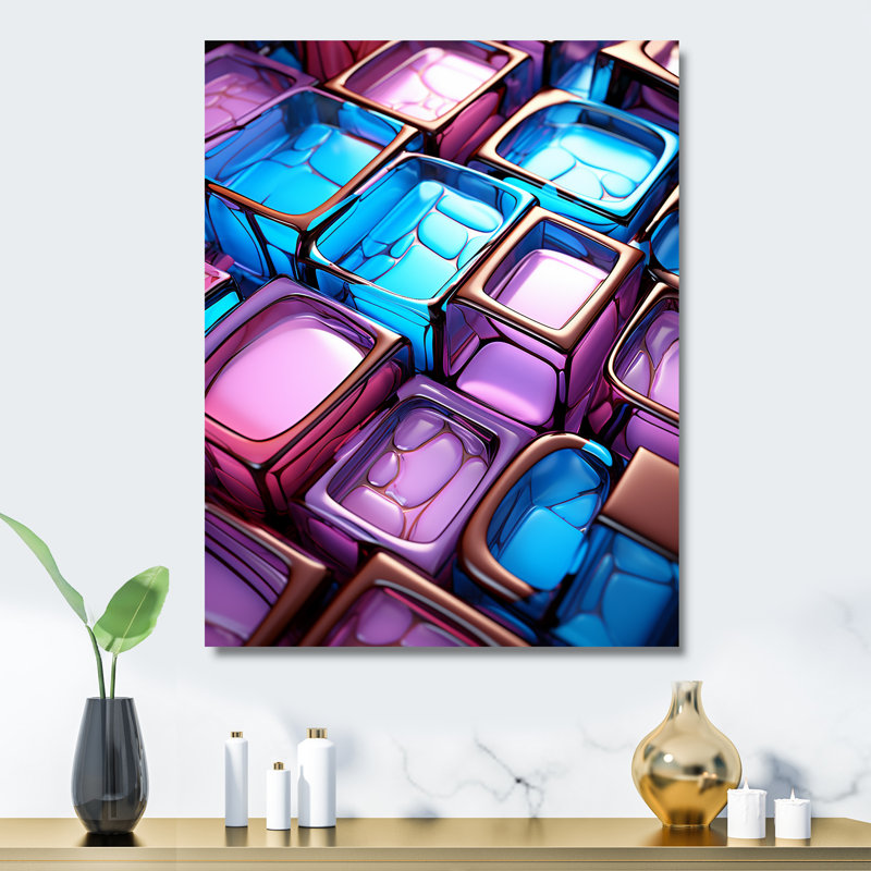Impression abstraite mauve et bleue «Power of Solar II» - Cubisme abstrait, H 32 po x l 24 po x P 1 po