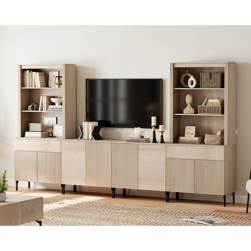 Meuble télé et centre multimédia WAMPAT en bois avec 2 tiroirs et 8 portes pour téléviseurs jusqu'à 75 pouces, console cannelée pour salon, chambre et cinéma maison, beige