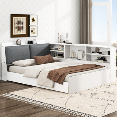 Lit double en bois blanc avec tête de lit avec rangement, tablettes et 2 tiroirs, solide +, plateau rotatif facile à installer, capacité de charge élevée