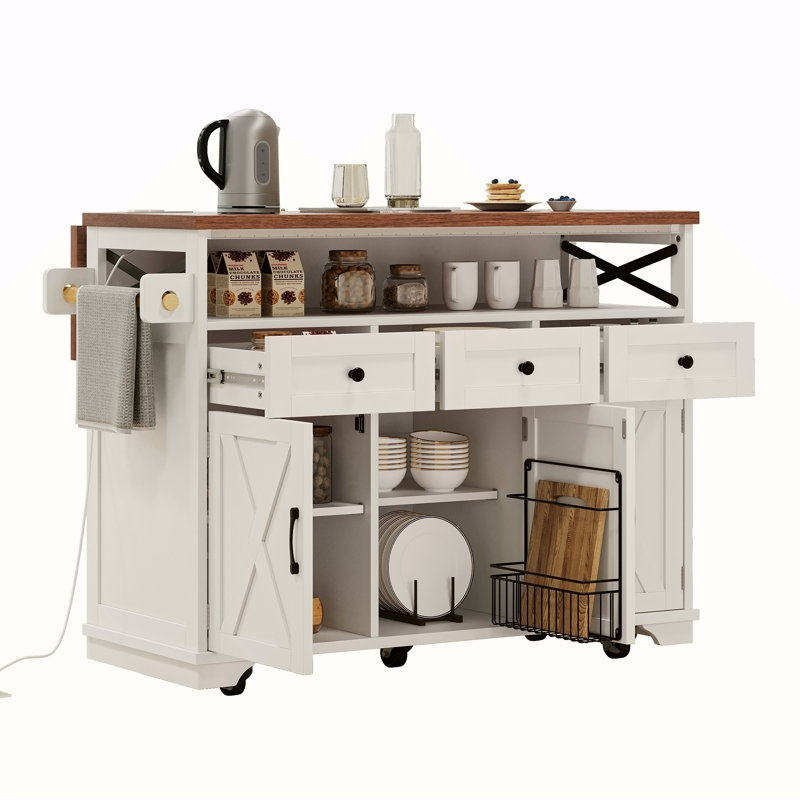 46.5'' Farmhouse Kitchen Island With Drape Of Beads, Power Outlet, Rolling Kitchen Cart On Wheels With Drop Leaf, 3 Doors , 3 Drawers And Internal Iron Shelf, For Kitchen, Dining Room