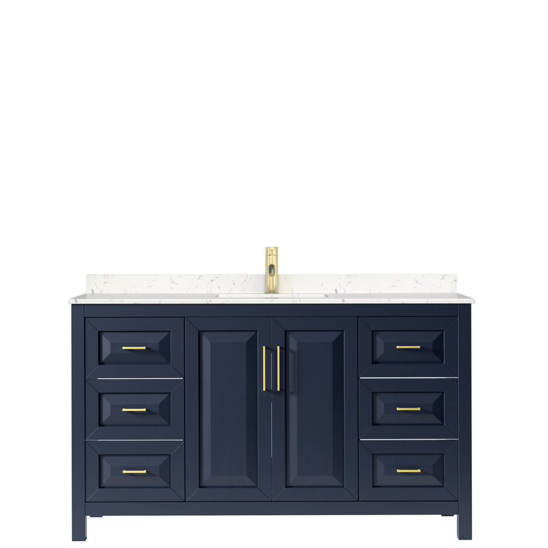 Daria 60'' Single Bathroom Vanity with Carrara Marble Top, Carrara Cultured Marble, Dark Blue, Brushed Gold