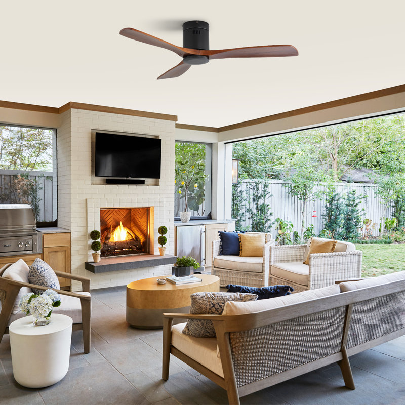 Ventilateur de plafond encastré en bois massif 52 po (sans lumière) compatible avec les haut-parleurs intelligents / applications / télécommande