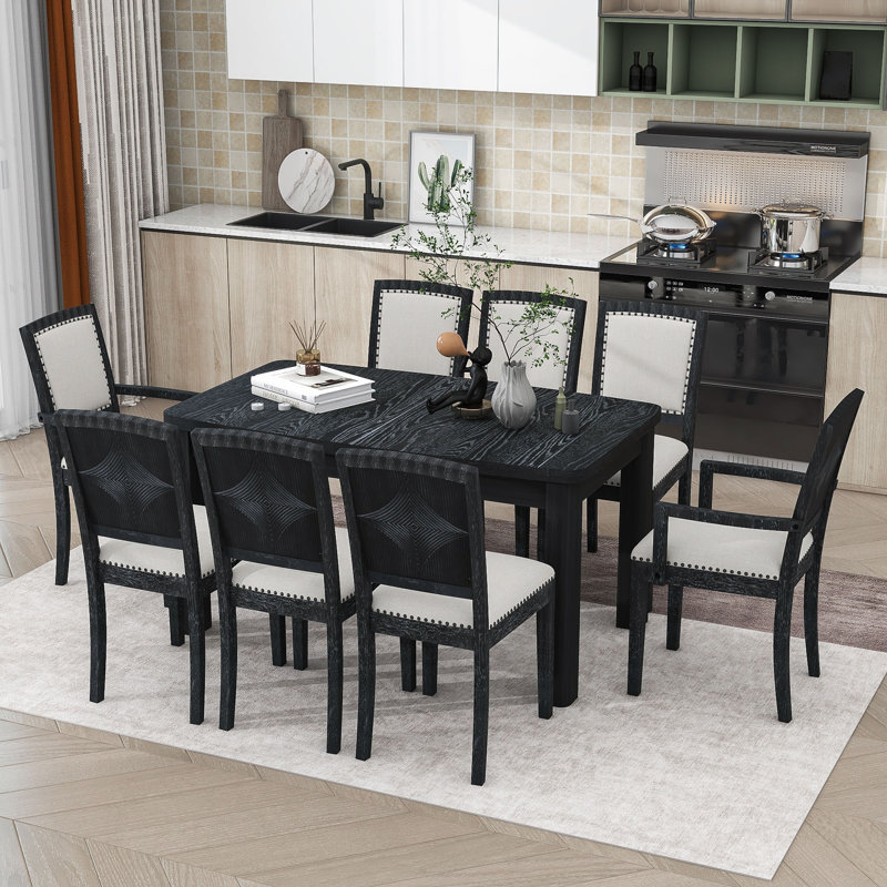 Rokiatou 9-Piece Dining Set,Removable Leaf Table with Wood Chairs, Black Gray, Black