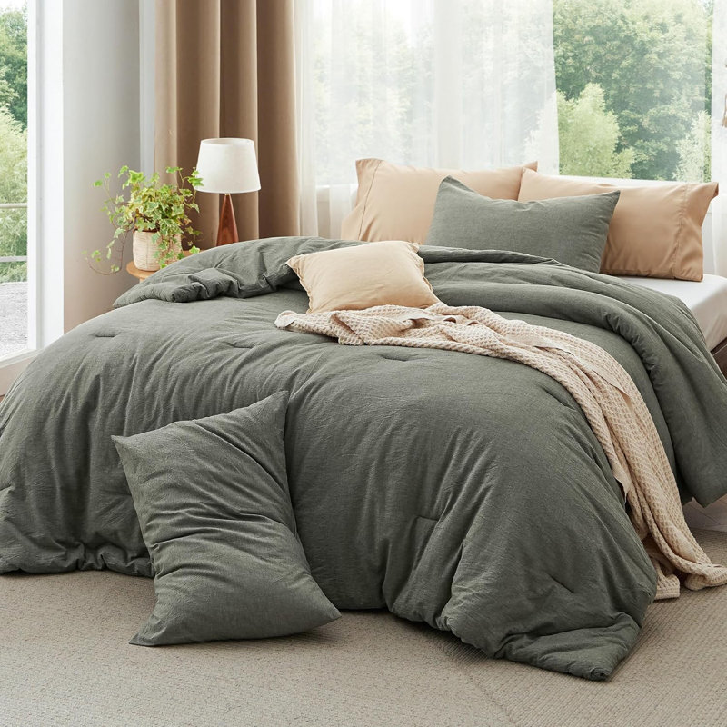 Ensemble d'édredon pré-lavé avec housse 100% coton, 143TC, Édredon grande + 2 pièces supplémentaires, Bronze / vert