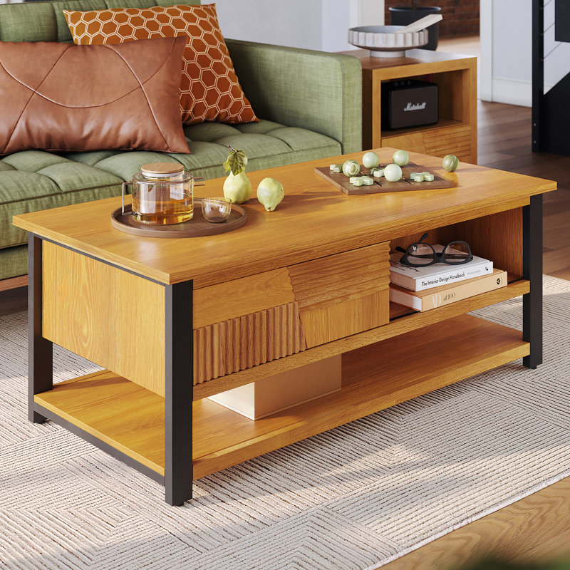 Trapeze Modern Industrial Coffee Table - Teak Brown Finish Table with Iron Legs, Open Shelf & Slatted Storage Door