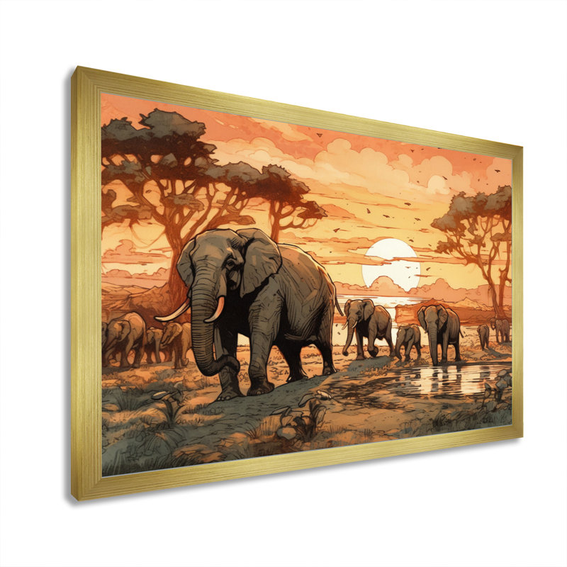 Safari orange orange avec éléphants I - impression, Encadrement doré, H 30 po x l 40 po x P 1,5 po