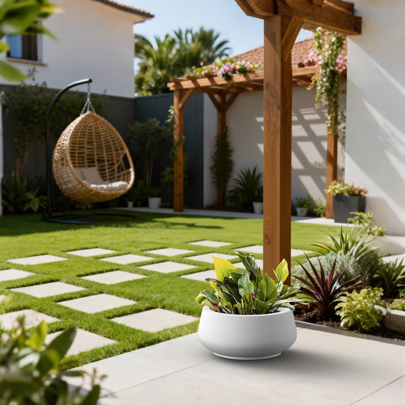 16 in. Large Pearl White(Upgraded Interior) Concrete Round Planter / Pot, Curvy Planter Bowl with Drainage Holes, Pearl White