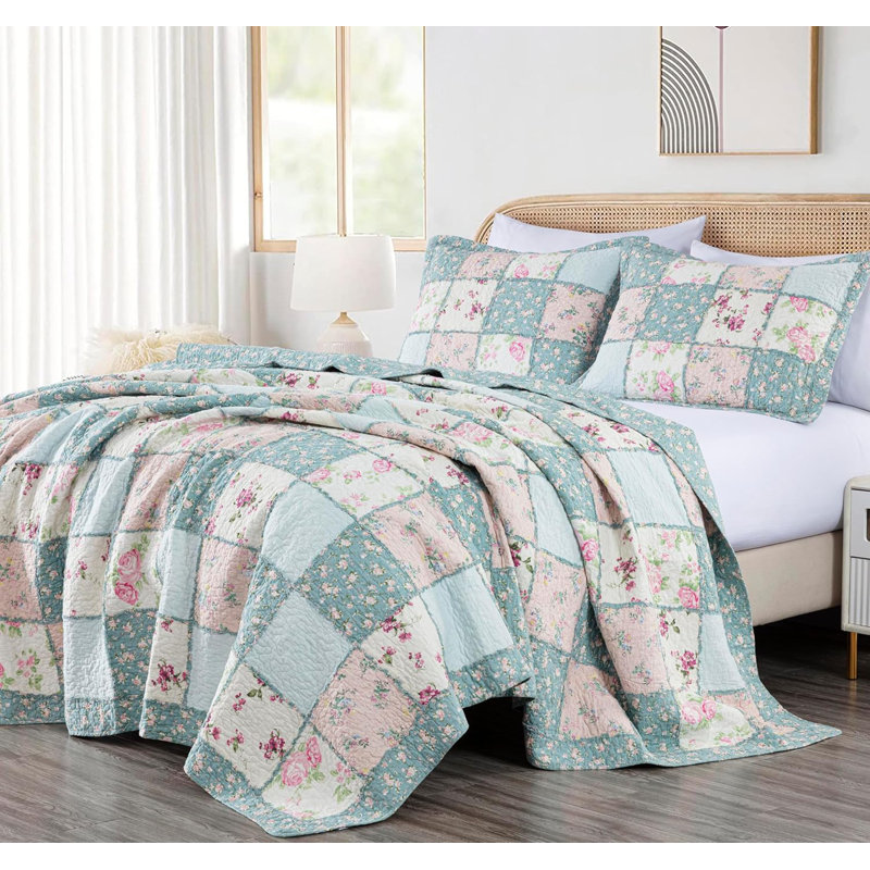 Pre-Washed Cotton Floral Ruffled Patchwork Quilt Set, King Quilt + 2 Standard Shams, Multicolor