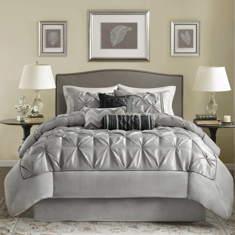 Laurel 7 Piece Tufted Comforter Set, Queen Comforter + 1 Bed Skirt + 2 Shams + 3 Decora, Gray