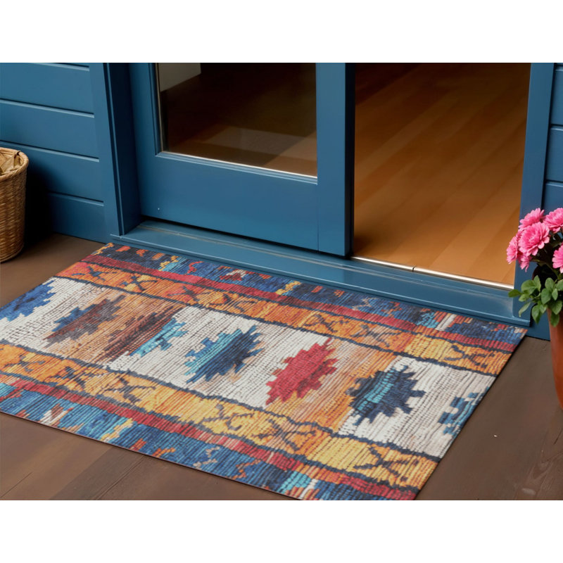 3' X 5' Navy Blue And Copper Tribal Washable Indoor Outdoor Area Rug