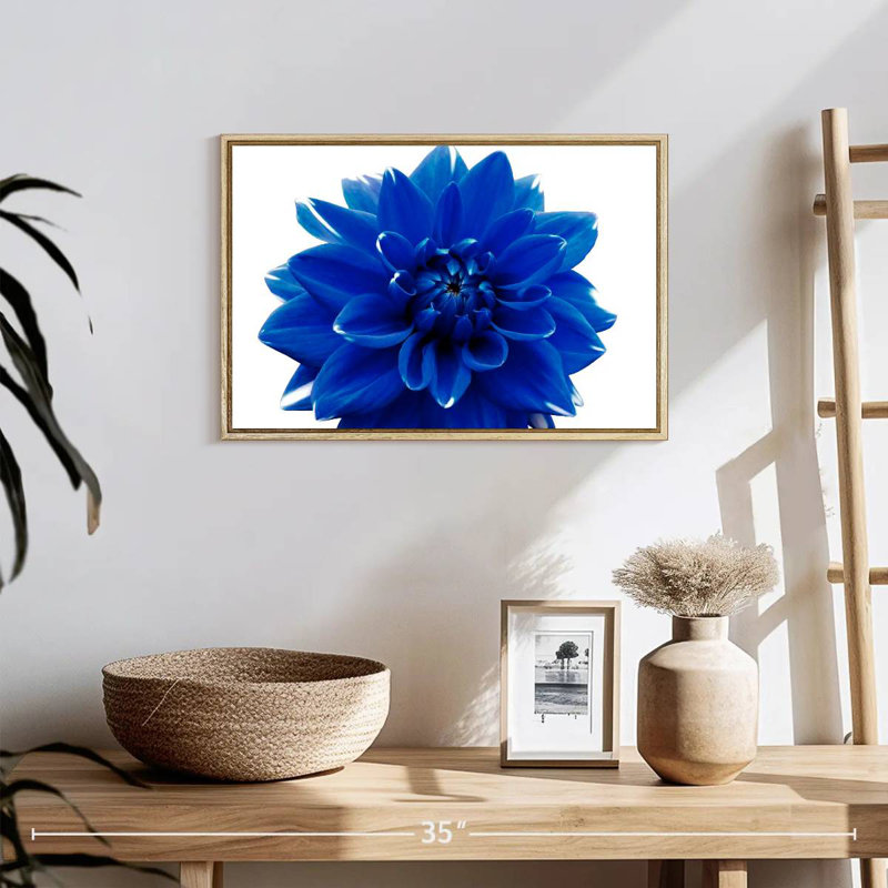 Fleur de dahlia bleue, Cadre flottant en bois naturel, 40 po x 27 po