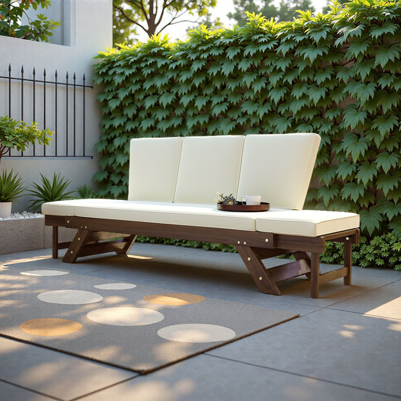 Outdoor Adjustable Patio Wooden Daybed Sofa Chaise Lounge With Cushions For Small Places, Beige, Brown