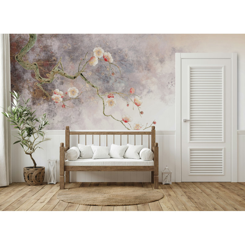 Papier peint beige avec branches de prunier doux, L 115 po x l 225 po