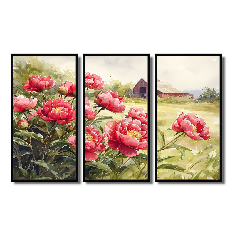 Pivoines dans la brise de basse-cour IV - pivoines grand art mural - 3 panneaux, H 28 po x l 36 po, Noir