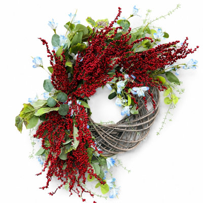 26" Real Touch Eucalyptus Wildflowers Cluster Red Berries Fall Winter Front Door Wreath, Artificial Half Ring Rustic Rattan Door Wreath for Thanksgiving Harvest Christmas Home Decor
