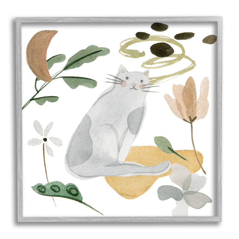 «Floral Happy Cat Botanicals» par Melissa Wang - peinture encadrée sur bois, H 12 po x l 12 po x P 1,5 po