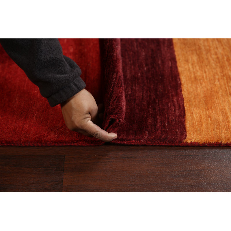 Tapis rouge / orange en laine noué à la main de conception unique 4 pi 7 po x 7 pi 8 po New Age