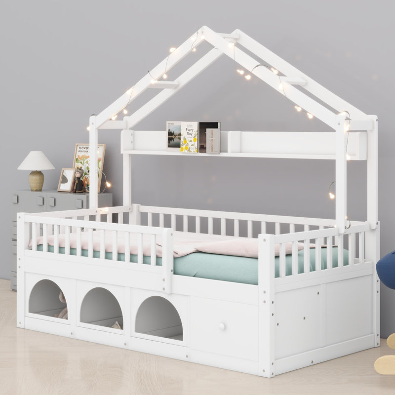 Lit bas Montessori, lumières DEL intégrées, garde-corps de sécurité, tiroirs de rangement et casier, Twin, White