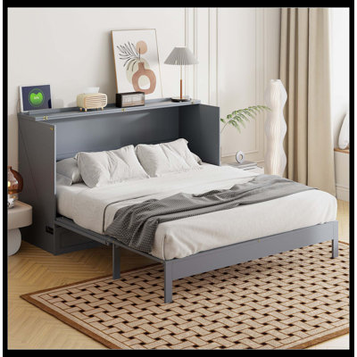 Grand lit escamotable avec grands tiroirs, gris