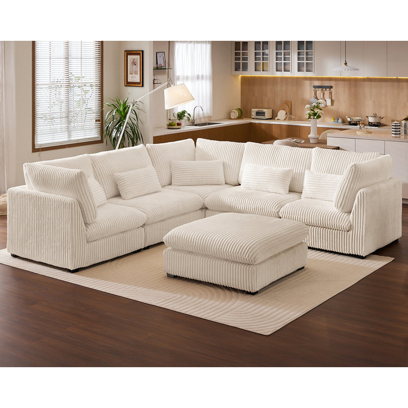 Oversized Modular Sofa Extra Deep Cloud Corduroy Sectional Couch With Ottoman Chaise, Fsc Certified, Cream Corduroy
