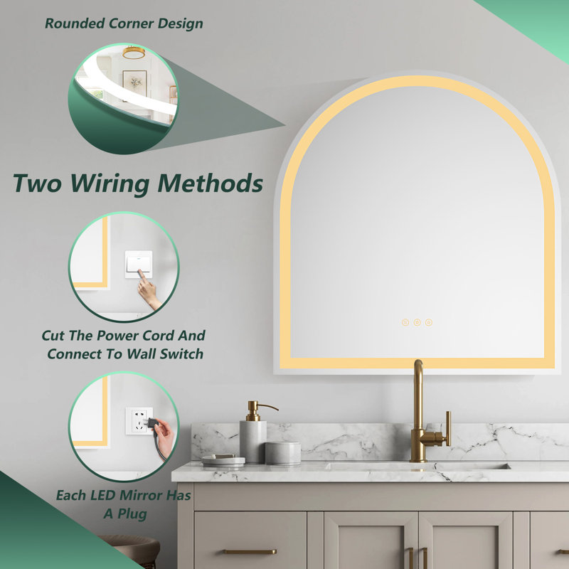 Miroir de salle de bain lumineux à DEL arqué, miroirs muraux, pour salle de bain, 34 po x 32 po