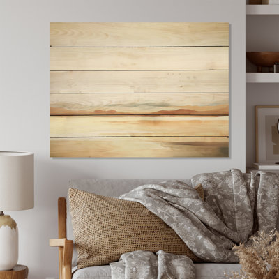 Minimalism Beige Mountain Horizon - Mountains Wood Wall Art On Natural Pine Wood